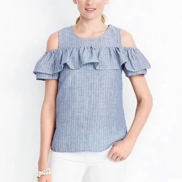 NWT J Crew Top Cold Shoulder Chambray Striped Ruffled Sz 8 Blue White Linen - Picture 1 of 15